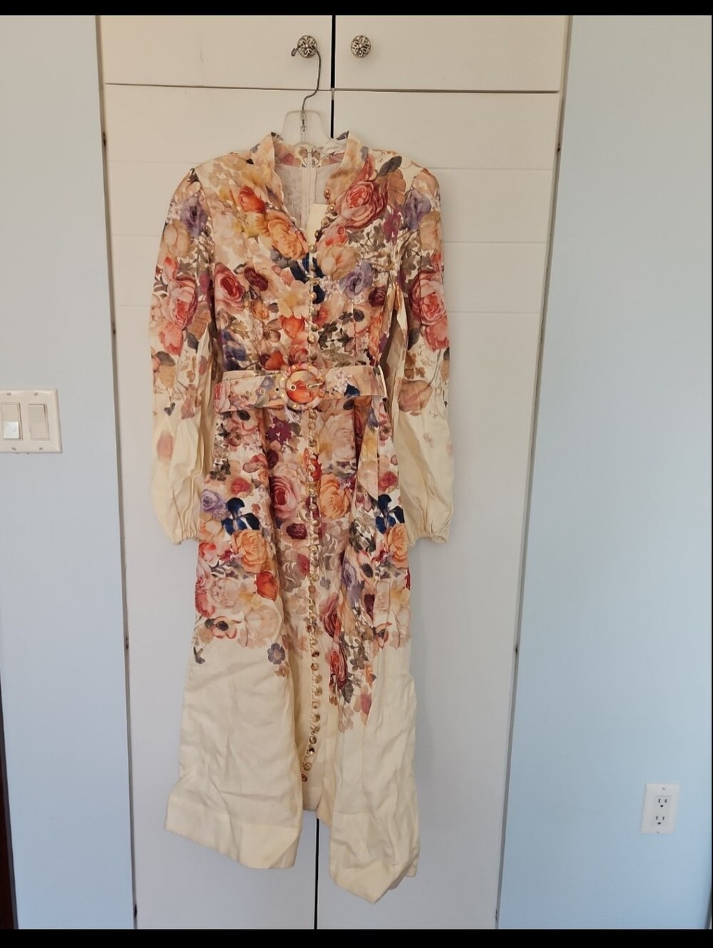 Zimmermann Cream Floral Long Sleeve Belted Maxi Dress